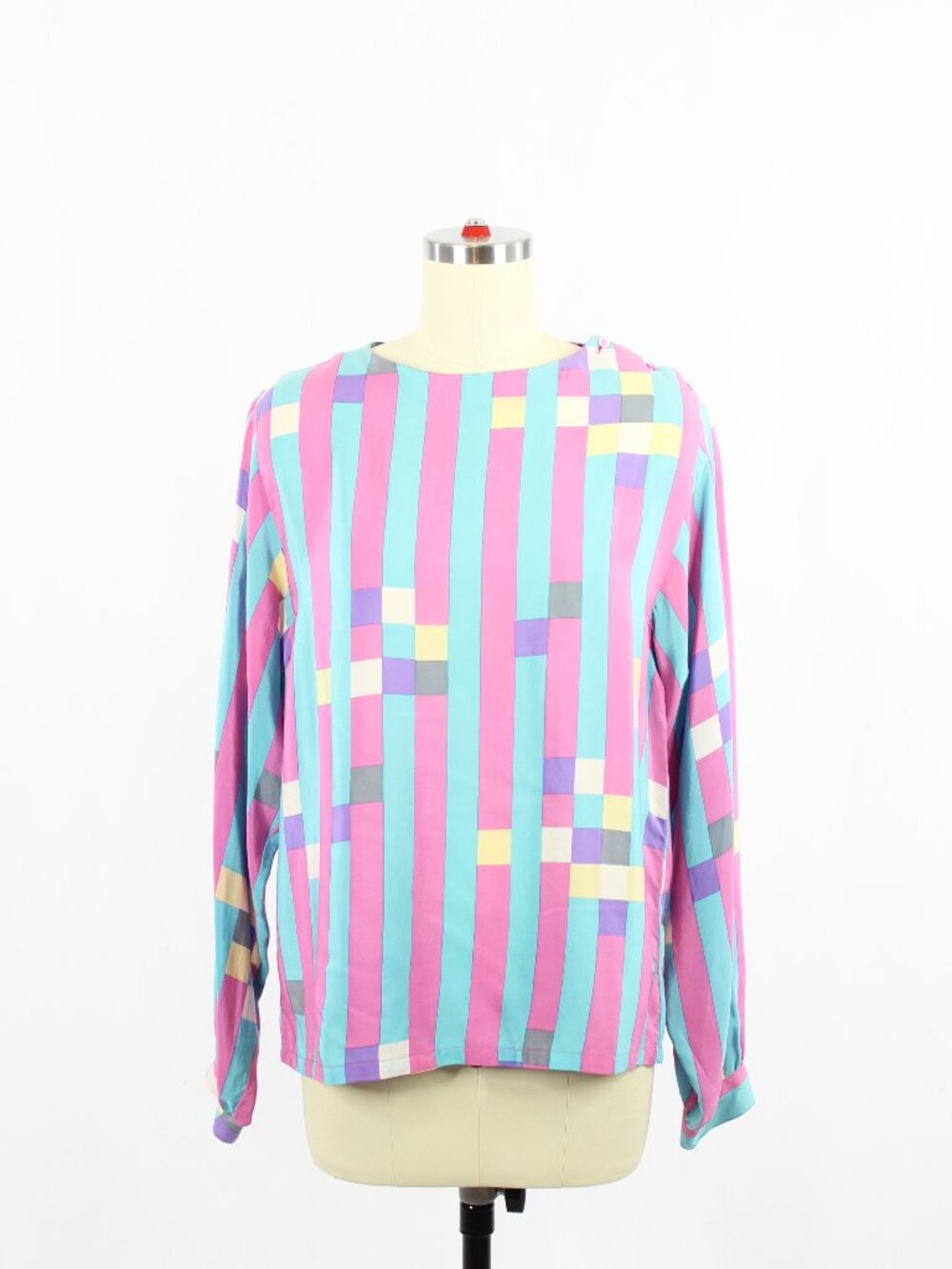 Vintage 90's IRKA Purple Turquoise Colorblock Silk Crepe Shell Blouse, Size 12